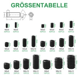Foliv Set of 676 Grub Screws Assortment Set M2 M3 M4 M5 M6 M8 Grub Screws / Hexagon Socket Grub Screws DIN 913, Hexagonal Head Screws with Wrench for Door Handle, Door Handle, Holder