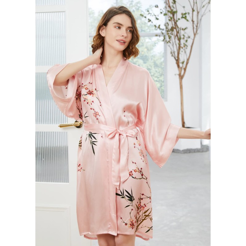 Ledamon Women's 100% Silk Kimono Short Robe (Light pink-A)
