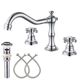 Widespread Bathroom Sink Faucet Double Cross Knobs Polish Chrome 3 Hole Mixing Tap Deck Mount with Pop Up Drain