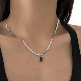 Wendalern Birthstone Necklace Black Crystal Rectangle Choker Necklace Flat Herringbone Chain Necklace Silver Snake Chain Simulated Crystal Pendant Necklace Jewellery for Women