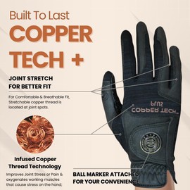 Copper Tech Men's Golf Gloves - Optimal Wrist Support with Copper Infused Thread - 100% AAA Synthetic Tacky Leather - Perfect for Summer & Fall Golfing - Golf Gloves Men (Hand Orientation: Both Hand)