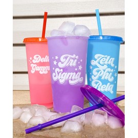 Sorority Shop Phi Sigma Sigma Glitter Color Changing Cups, 4-Pack Reusable Cups with Lids and Straws