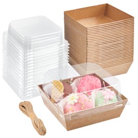 ZORRITA 50 Pack Small Paper Charcuterie Boxes with Clear Lids, 4×4 Inch Mini Cake Slice Boxes To Go Bakery Containers for Individual Desserts, Cookies, Strawberries, Treats (Brown)