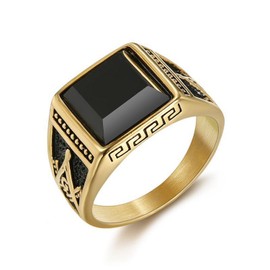 Vintage Black Stone Onyx Signet Ring for Men,Antique Stainless Steel Gold-Plated Ring Freemasonry Masonic Agate Pinky Ring Titanium Steel Ring Gemstone Signet Unique Fashion Biker Jewelry, Large,