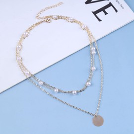 Inilbran Boho Layered Disc Coin Necklace Choker Gold Pearl Choker Necklace Vintage Station Pearl Necklace Multilayer Coin Pendant Necklace Jewellery for Women and Girls