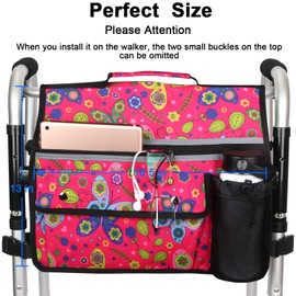 Wheelchair Storage Bag, Wheelchair Double-Sided Armrest Pouch with Cup Holder and Reflective Strip, for Wheelchairs and Walkers (Red Butterfly)