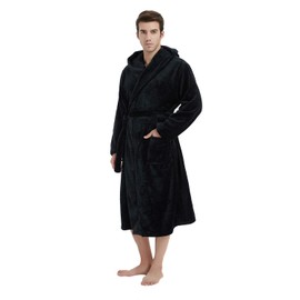 U2SKIIN Mens Hooded Robe, Plush Robes for Men Long Fleece Bathrobe(Black, L/XL)