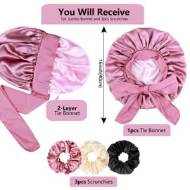 1+3 Large Satin Bonnets with Scrunchies for Women, Double Layer Hair Bonnet Tie Bonnet for Sleeping Braids Curly Hair, A