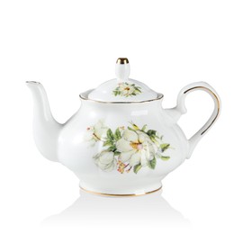 Sweejar Ceramic Teapot with Infuser, Floral Relief Gold Rimmed Teapot, 29 OZ Porcelain Tea Pot for Blooming and Loose Tea, Coffee...(Camellia)