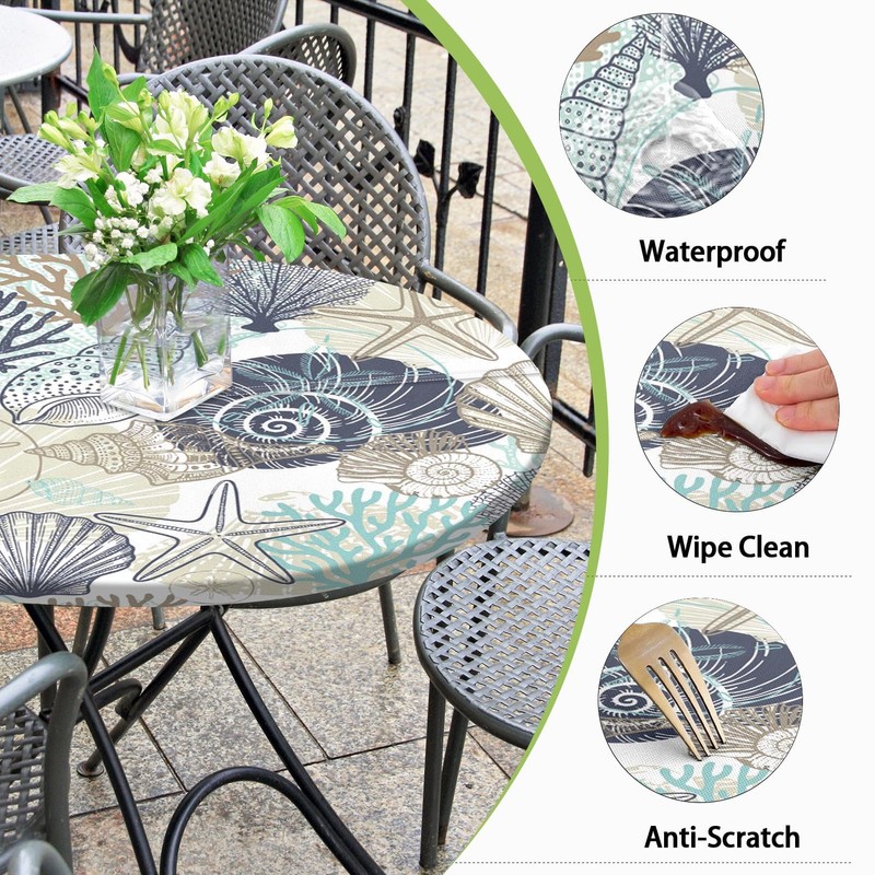 Britown Coastal Beach Round Outdoor Tablecloth with Umbrella Hole, Plaid