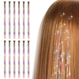 Bighan Tinsel Hair Clip in Extension for Braiding Hair Weave, Heat Resistant Hair Lammetta Colourful Tinsel Hair Extension 19.69 Inch Hair Strands Three Colours Pack of 12