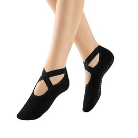 GOFFILL Non-Slip Yoga Socks for Women, Cotton Blend Ballet Style Grip Socks, Cushioned Padding for Pilates and Dance (US, Alpha, Medium, 4 Pairs Black)