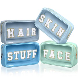 Pinkunn 4 Pcs Preppy Makeup Bags Chenille Letter Patch Bag Face Skin Hair Stuff Aesthetic Cosmetic Bag Corduroy Nylon Cosmetic Bag Birthday Gifts for Women(Blue Series Colors,Nylon)