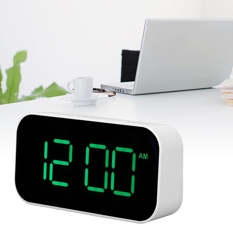 LED Digital Alarm Clock Brightness Adjustable 12/24Hr White Shell Green