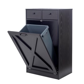 TDLEAYYD 13 Gallons Tilt Out Trash Cabinet, Hidden Trash Can Cabinet Wooden Free Standing Kitchen Trash Recycling Cabinet with Drawer for Kitchen (Black)
