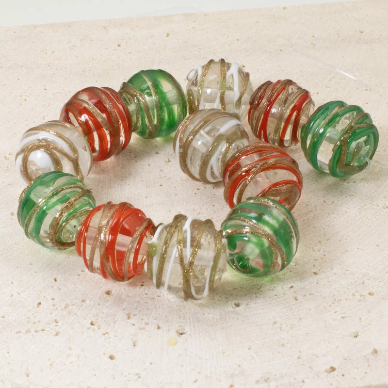 Hackberry Creek Set of 12 Christmas Lampwork Beads, Red, Green,