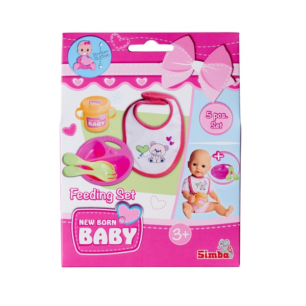 Simba 105560016 New Born Baby Feeding Set, Doll Accessories, for 30-43 cm Dolls, 5 Pieces, Plate, Spoon, Fork, Bib and Drinking Cup, from 3 Years
