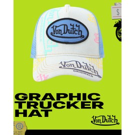 Von Dutch Monogram Trucker Cap - Retro Snapback Cap for Men and Women - Adjustable Snap Fit Panel, Mesh Rear, Curved Bill, Size One Size, Half Blue
