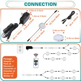 Lvyinyin Curio Cabinet Lights Kit, Over Under Counter LED Puck Lights, Easy to Mount, Low Profile 0.3", 120V Wall Plug in, RF Remote Dimmable, Linkable, Black Cables, Daylight 6000K, 6 Lights