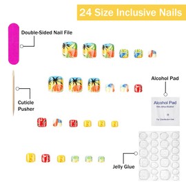 Press on Toenails Short Square OFDNE Fruit Press on Nails Toes Cute Tropical Press on Toe Nails with Orange Designs Glossy Glue on Toenails Acrylic Toenails for Women Girls 24Pcs