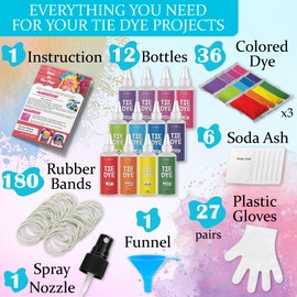 Jim&Gloria Tie Dye Kit for Kids & Adults 36 Tiedye Powder 12 Larger Bottles Fabric Dyes for Clothing Permanent with Soda Ash for Tie Dye Kits for Large Groups Paint Party Summer Activities DIY Crafts