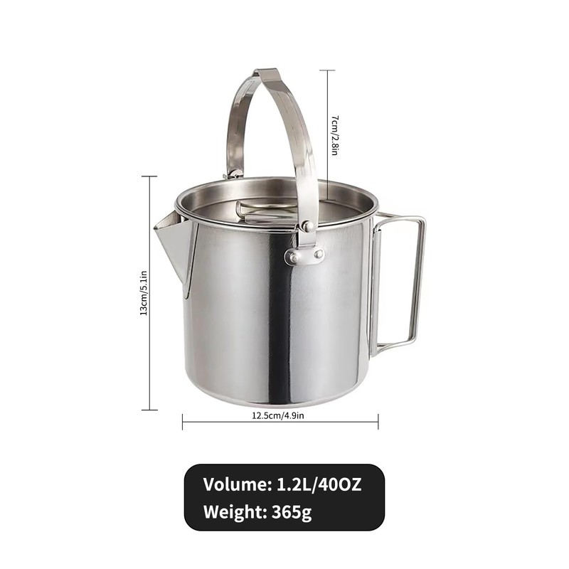 1.2L Camping Pot Stainless Steel Tea Kettle Outdoor Water Boiler