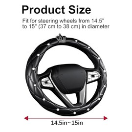 Leather Car Steering Wheel Cover, Bling Crown Studded Diamond Steering Wheel Protector, Universal 14.5-15" Black Car Accessories for Women, Fit Vehicles, Sedans, SUVs, Vans, Trucks