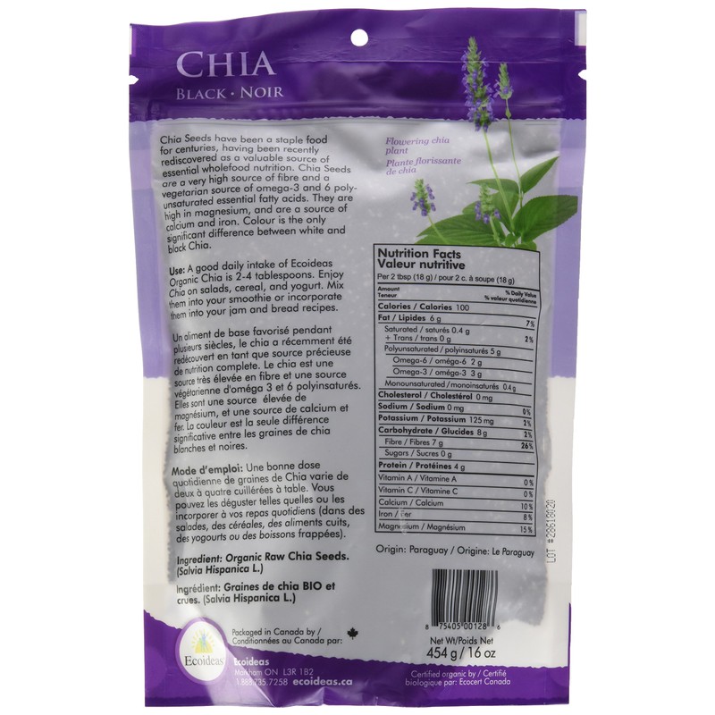Ecoideas Organic Black Chia Seeds, 454g