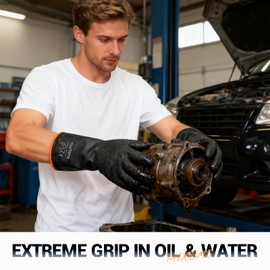 ThxToms Heavy Duty Rubber Gloves, Industrial Chemical Resistant Gloves Waterproof Reusable Protective Work Gloves for Cleaning, Dishwashing,Upgraded with Non-Slip Design, Black, 22" 1 Pair