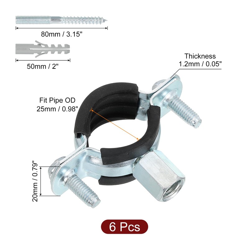sourcing map 6 Pcs Adjustable Pipe Bracket Clamp, 1"(25mm) Wall