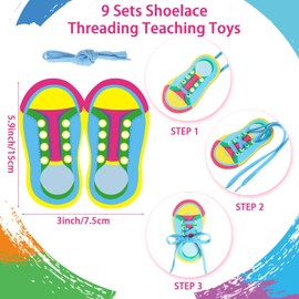 Capoda 9 Sets Kids Lacing Cards Shoe Trying Practice for Kids Shoelace Threading Teaching Toys Wooden Learn to Tie Shoes Toys with 18 Laces for Toddlers Develop Imagination Early Education Supplies