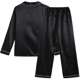 Vopmocld Big Kids Unisex Pjs Set Girls Boys Silk Pajama Sets Satin Clasic Sleepwear Long Sleeve 2 Pieces Button Down Nighty, Black, 10