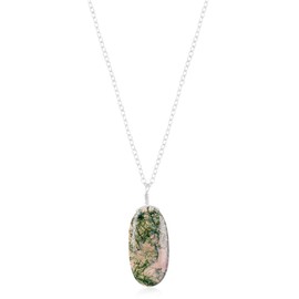 GEMSLOGY Natural Moss Agate Crystals Pendant Necklace, Oval Cabochon Gemstone, Energy Healing Crystals, Birthday, Gift for Her, Gemstone Jewelry 18 inch AAA+ Quality (MOSS E)