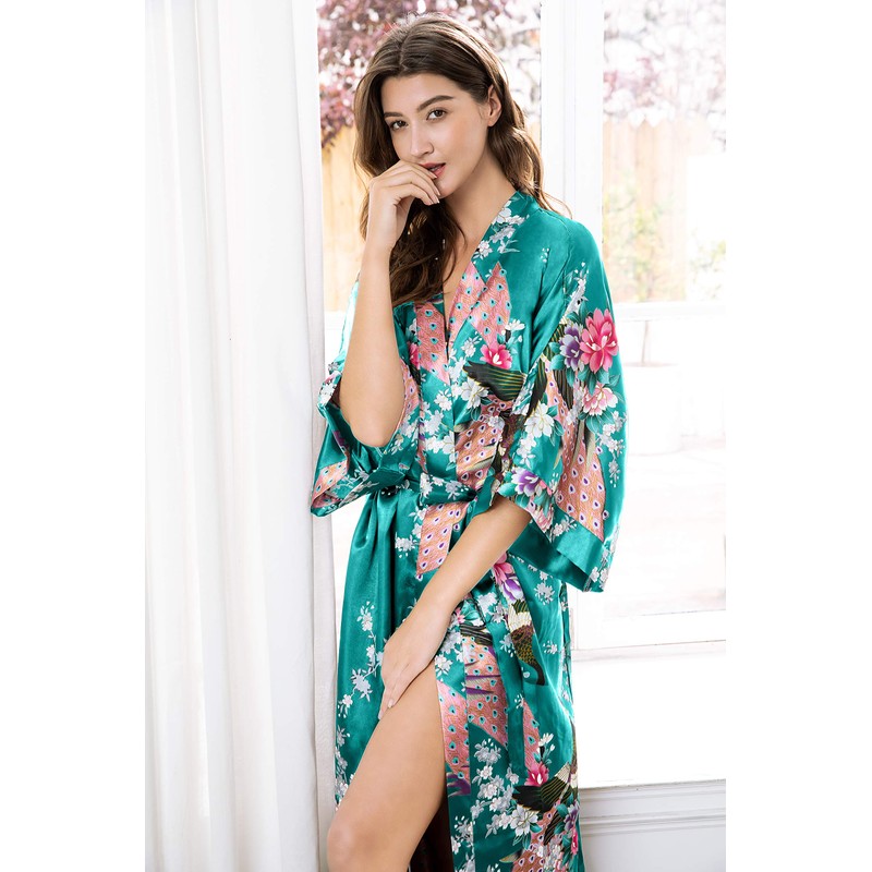 BABEYOND Women's Kimono Robe Long Satin Robes with Peacock and