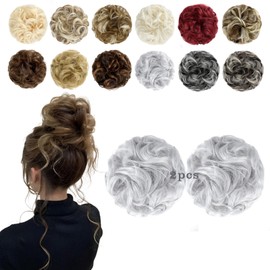 FeidyLong 2 PCS Messy Bun Hair Piece Wavy Curly Hair Bun Scrunchies Extensions Synthetic Chignon Thick Updo Hairpieces for Women Girls(Silver Grey)