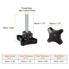 sourcing map 2pcs Star Knobs M8 x 45mm Male Thread Plastic 4-Star Stud Knob Hand Tightening Clamping Screw Replacement Threaded Handle, Black