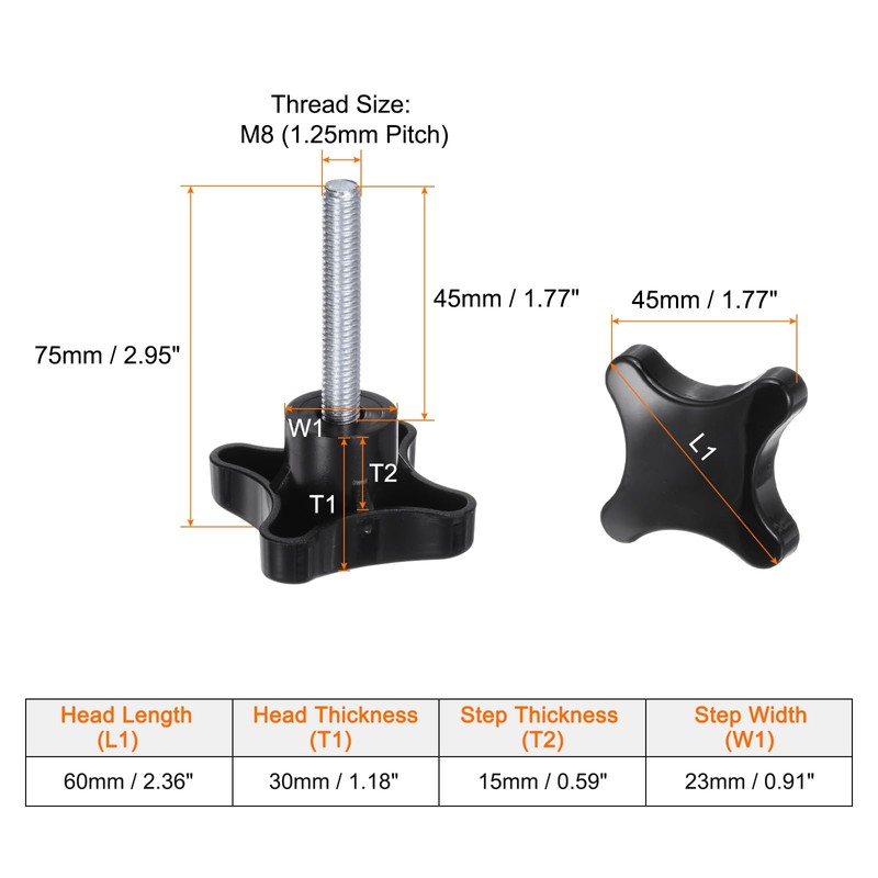 sourcing map 2pcs Star Knobs M8 x 45mm Male Thread