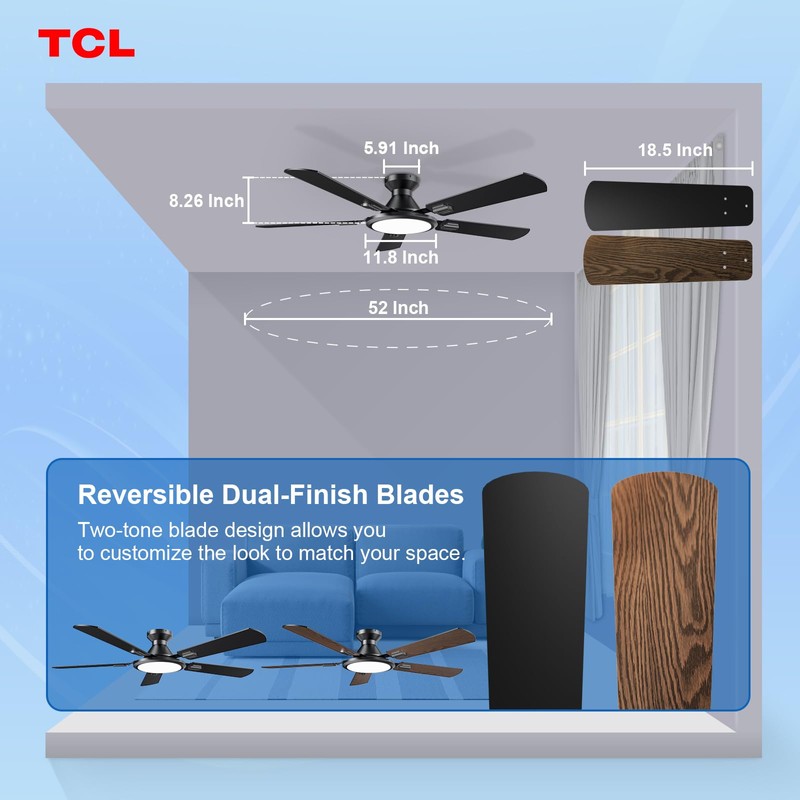 TCL Ceiling Fans with Lights, 52 Inch Low Profile Ceiling