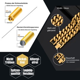 VEXXS Men's Curb Chain 10/12 mm, 18 Carat Gold-Plated Stainless Steel Cuban Chain, Flat Cuban Necklace, Men's Chain, Gold Chain for Men, Boys, Men's Jewellery Gift, 46-66 cm, Gold
