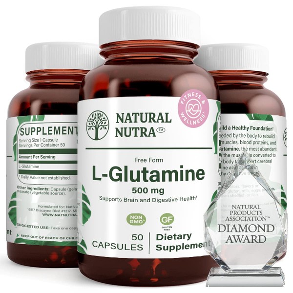 Natural Nutra L Glutamine, Helps to Promote Optimal Brain Functioning, Muscle Health and Boost Memory and Focus, 500 mg 50 Capsules