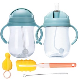 AUERQXZ 2 Paquetes vaso entrenador bebe con popote y cepillo,300ML Vaso Entrenador Antiderrames,antibacteriano y antideslizante, Adecuado Nifios de 2 Afios. (Azul)