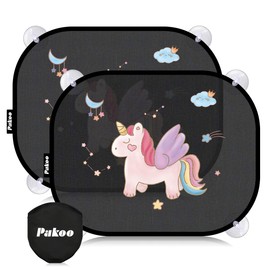 Pakoo Car Sun Shade for Baby with UV Protection, 2 Pack UV Protection Breathable Car Window Sun Shade for Children with Cute Animal Motifs, 17.7 x 14 inches Sun Shades with 8 Cups