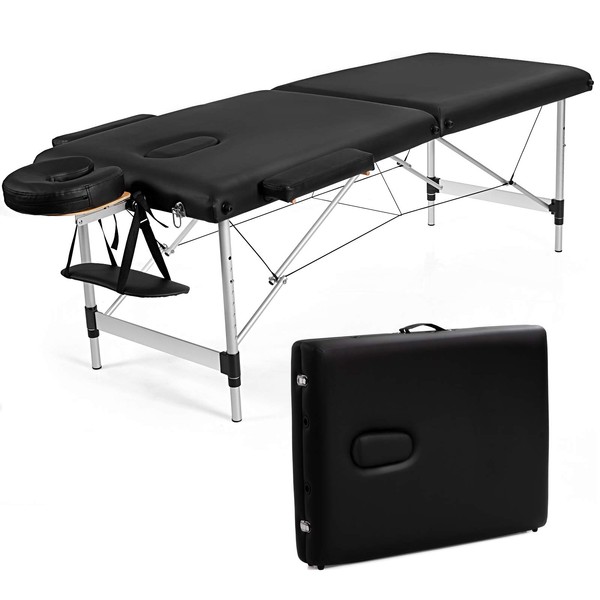 Giantex Portable Massage Table 84inch, Folding Lash Bed Aluminium Frame, Height Adjustable, 2 Fold Professional Facial Salon Tattoo Massage Bed Face Cradle Armrests Headrest Carrying Bag (Black)