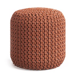 SIMPLIHOME Wynne 18 Inch Boho Round Knitted Outdoor/ Indoor Pouf in Orange Recycled PET Polyester, For the Living Room, Bedroom and Kids Room