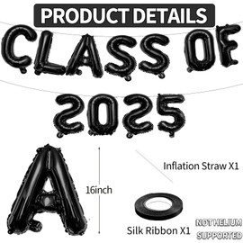 16 Inches CLASS OF 2025 Graduation Letter Balloons Banner for High School, College, Graduation Party Decorations, and Prom Ceremony Decor (Black)