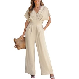 CUPSHE Women's Jumpsuit V-Neck Short Dolman Sleeve Jumpsuit Wide Leg Romper Long Playsuit Summer Elegant Trouser Suit, khaki, L