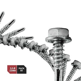 DOJA Industrial Hexagon Drilling Screws 5.5 x 22 Pack 50 Trapezoidal Sheet Metal Self-Tapping Screws Drilling Screws with Hex Head Self Tapping Screws without Sealing Disc