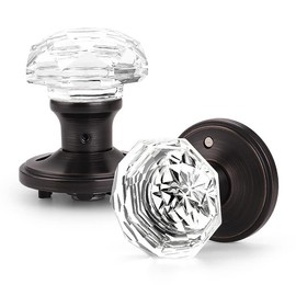 Orger 2 Pack Glass Door Knobs with Oil Rubbed Bronze Rosette, Bath/Bed Door Knobs for Privacy Use, Keyless Interior Door Handles with Diamond Shape Crystal Glass and Zinc Alloy Base