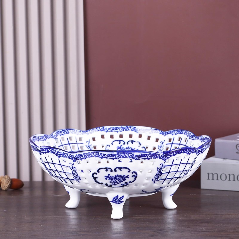 LINYTHER Ceramic Fruit Bowl With Holes, Blue And White Porcelain
