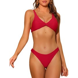 Elerevyo Women's Twist Cross Knot Bikini Sets, Solid Adjustable Straps Self Tie Back 2 Piece Swimsuits Bathing Suit Swimwear Medium Red